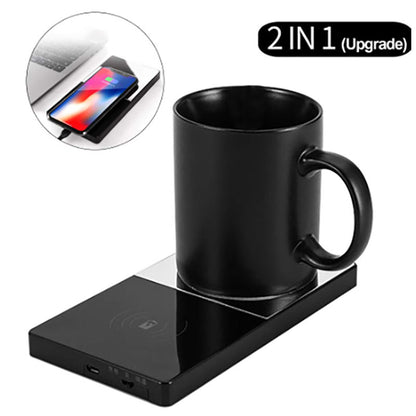 2-in-1 mug warmer with wireless charger for coffee & devices.