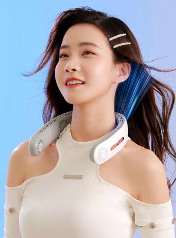 Portable bladeless neck fan, USB rechargeable, quiet & foldable.